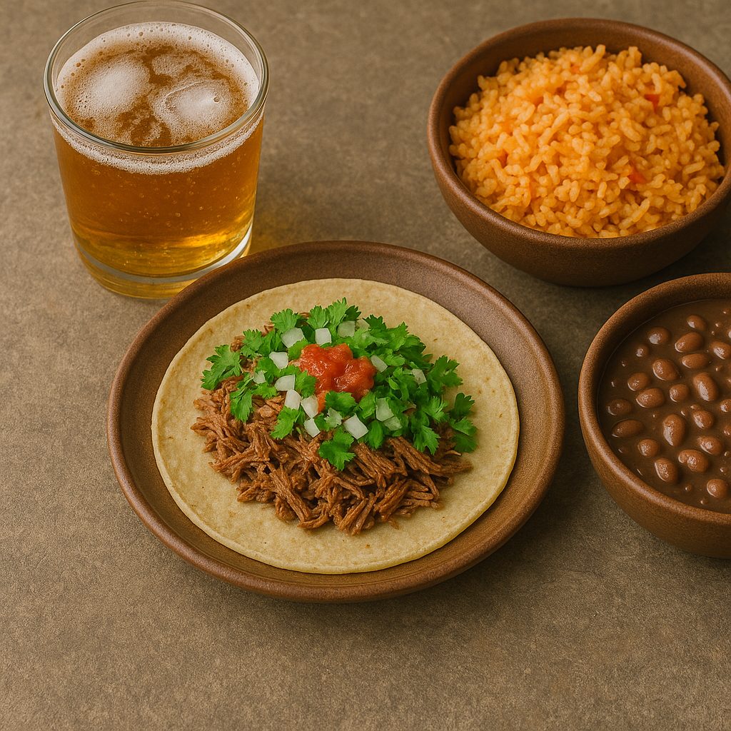Taco de mixiote de res servido en tortilla de maíz, con carne desmenuzada, cebolla picada, cilantro fresco y salsa, listo para disfrutar.
