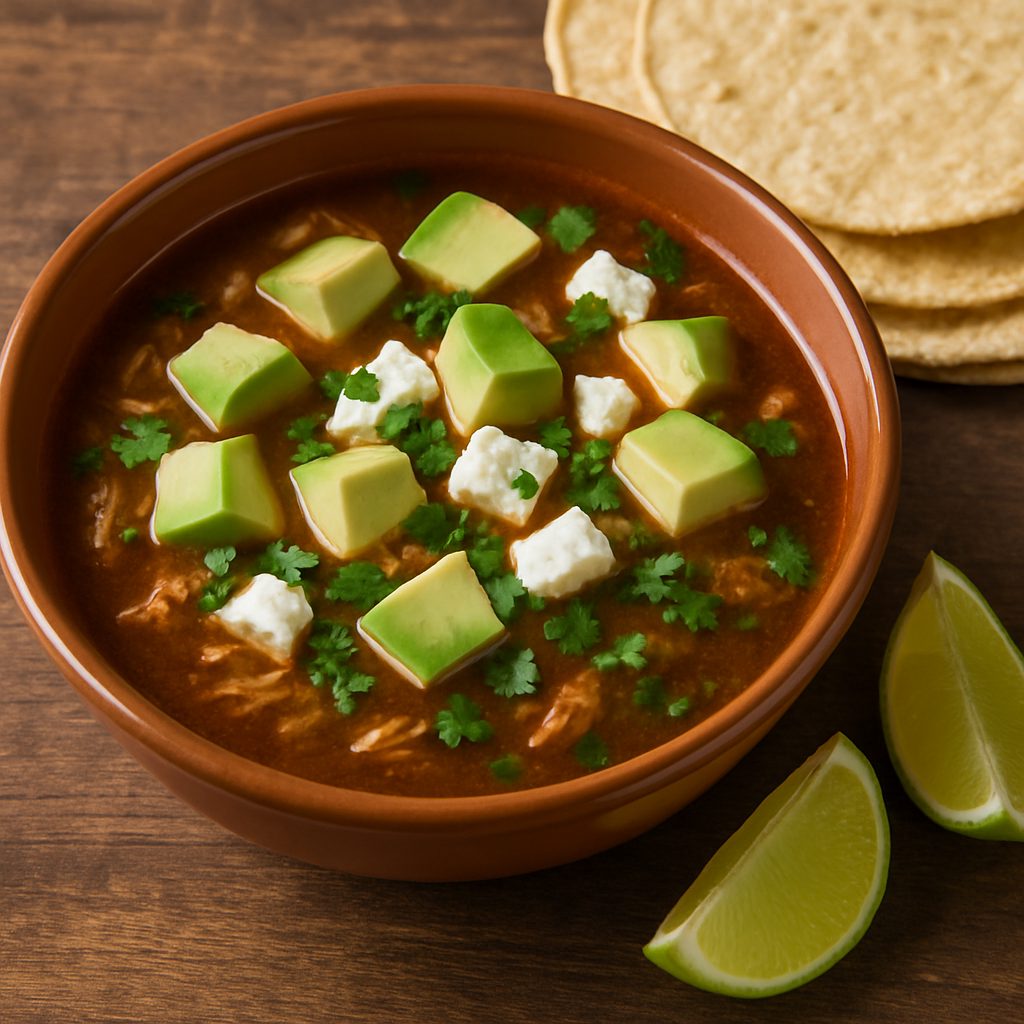 Plato hondo con caldo caliente servido, acompañado de cubos de aguacate, queso fresco desmoronado y hojas de cilantro, junto a tortillas de maíz calientes y gajos de limón.