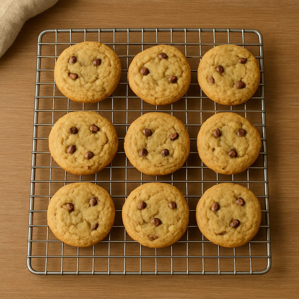Galletas recién horneadas enfriándose sobre una rejilla metálica sobre una mesa de madera.