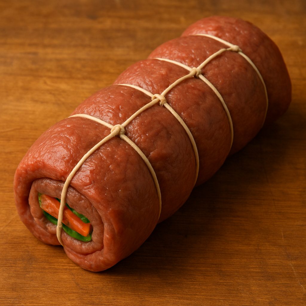 Imagen de un matambre crudo enrollado de forma compacta y atado con hilo de cocina en varias secciones, listo para ser cocido, sobre una tabla de madera.