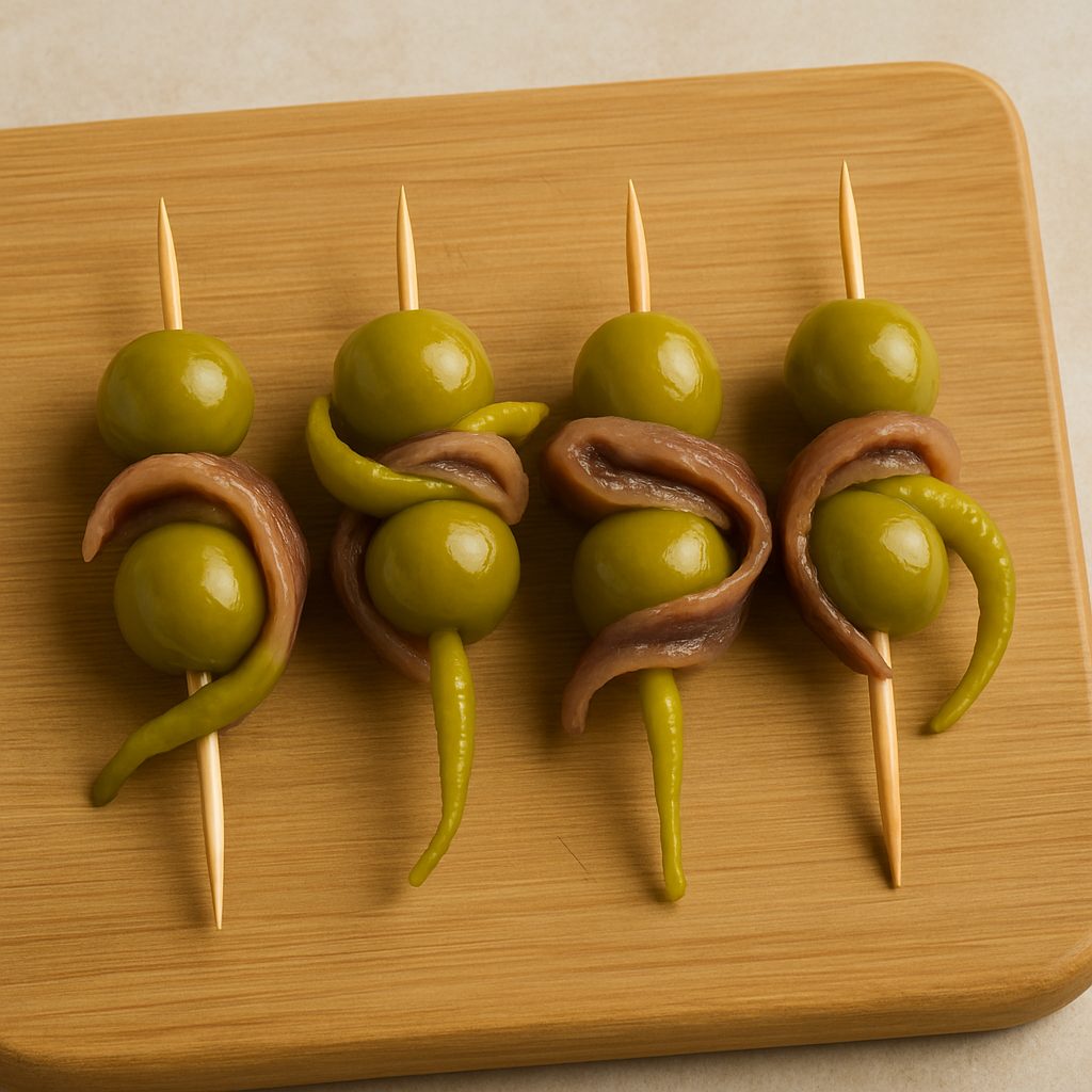 Brochetas de gildas con aceitunas verdes, guindillas y filetes de anchoa ensartados en palillos de madera sobre una tabla.