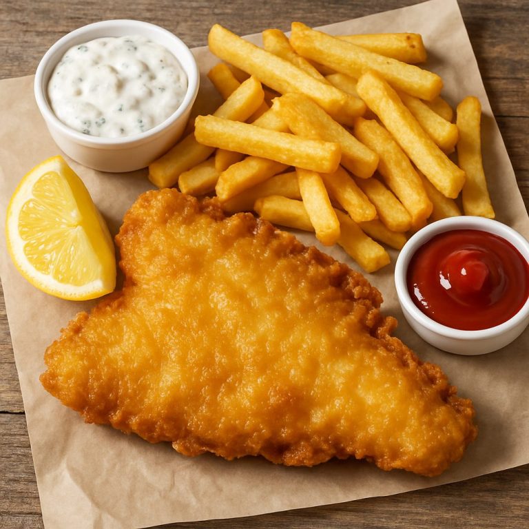 Plato tradicional de Fish and Chips servido con papas fritas crujientes y filete de pescado rebozado, dorado y crujiente.