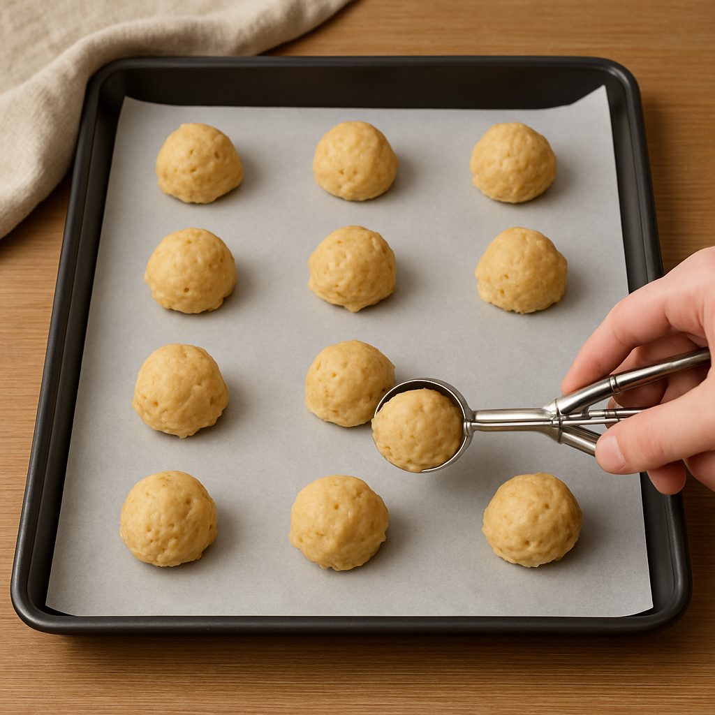 Mano formando bolitas de masa con una cuchara para helado sobre una bandeja con papel de hornear, listas para refrigerar.