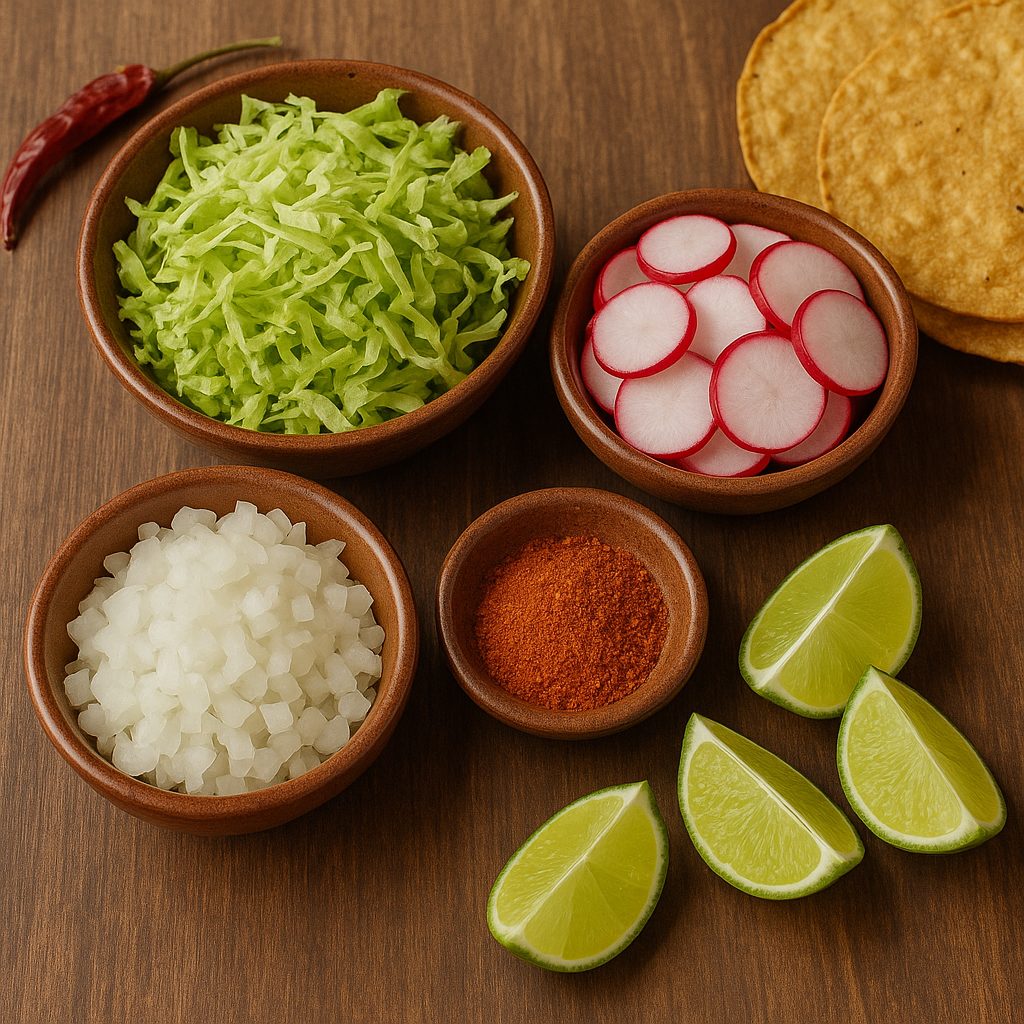 Guarniciones típicas para pozole rojo, incluyendo lechuga rallada, rábanos en rodajas, cebolla picada, cuartos de limón, chile en polvo y tostadas crujientes, dispuestas en platos de barro sobre una mesa de madera.