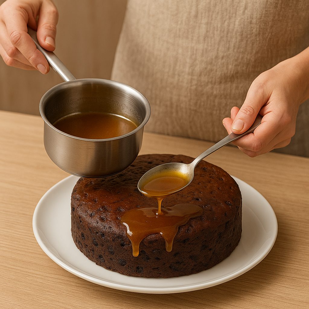 Persona vertiendo glaseado ámbar sobre una torta negra desde una cuchara, con una olla de acero inoxidable al fondo sobre una mesa de madera.