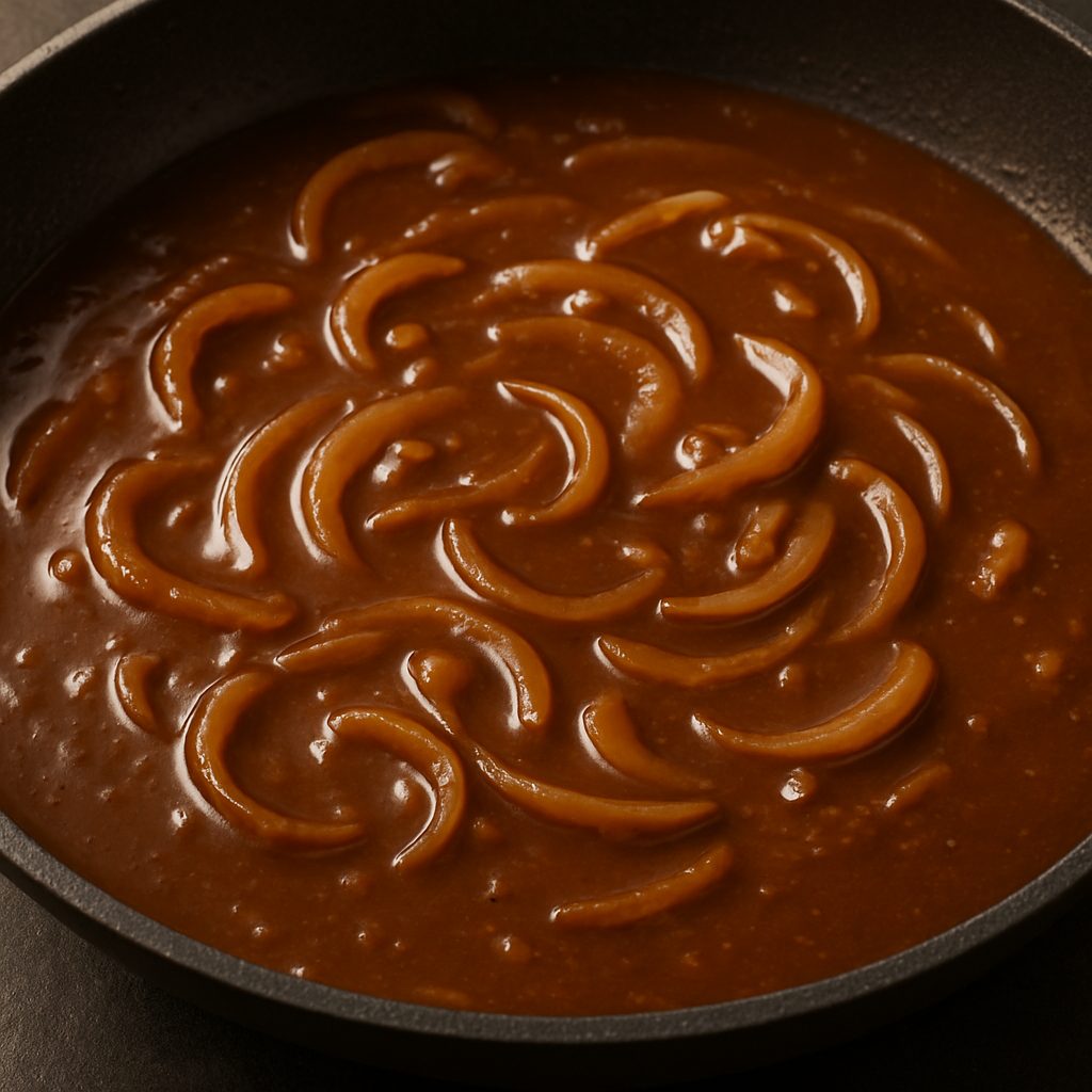 salsa gravy de cebolla cocinándose, mostrando trozos de cebolla dorada en un caldo espeso y marrón.