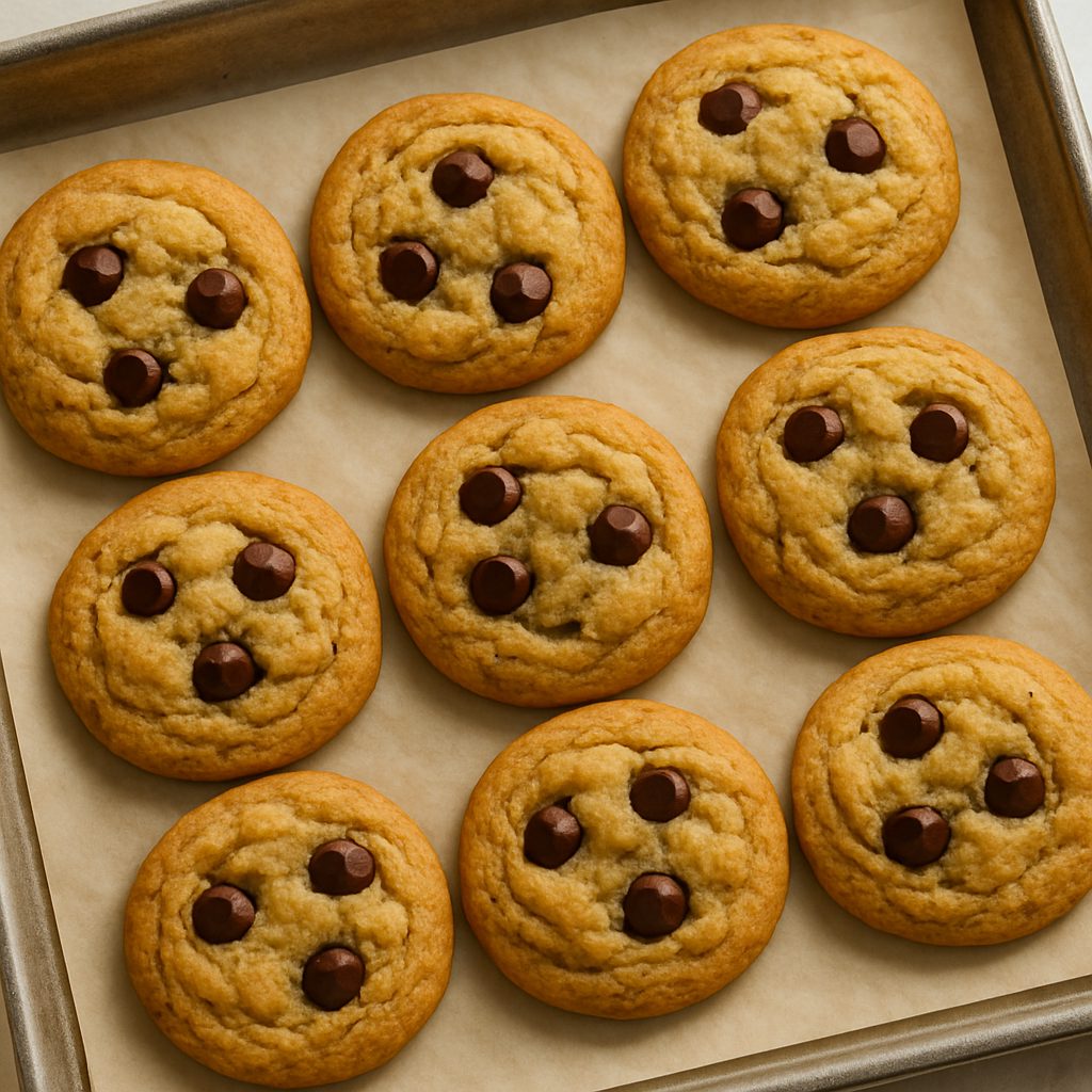 Galletas con chispas de chocolate recién horneadas en una bandeja, con bordes dorados y centros suaves.