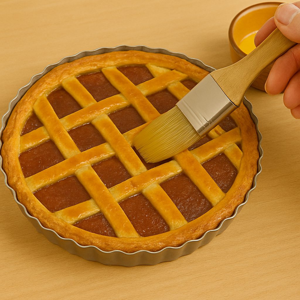 "Mano pincelando con huevo batido la superficie de una pasta frola recién horneada, con su enrejado dorado visible sobre un molde metálico."