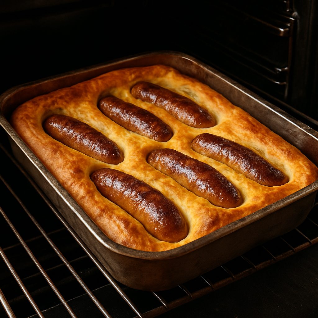 Hornear el Toad in the Hole en una bandeja con salchichas doradas cubiertas de masa inflada y crujiente recién salida del horno.