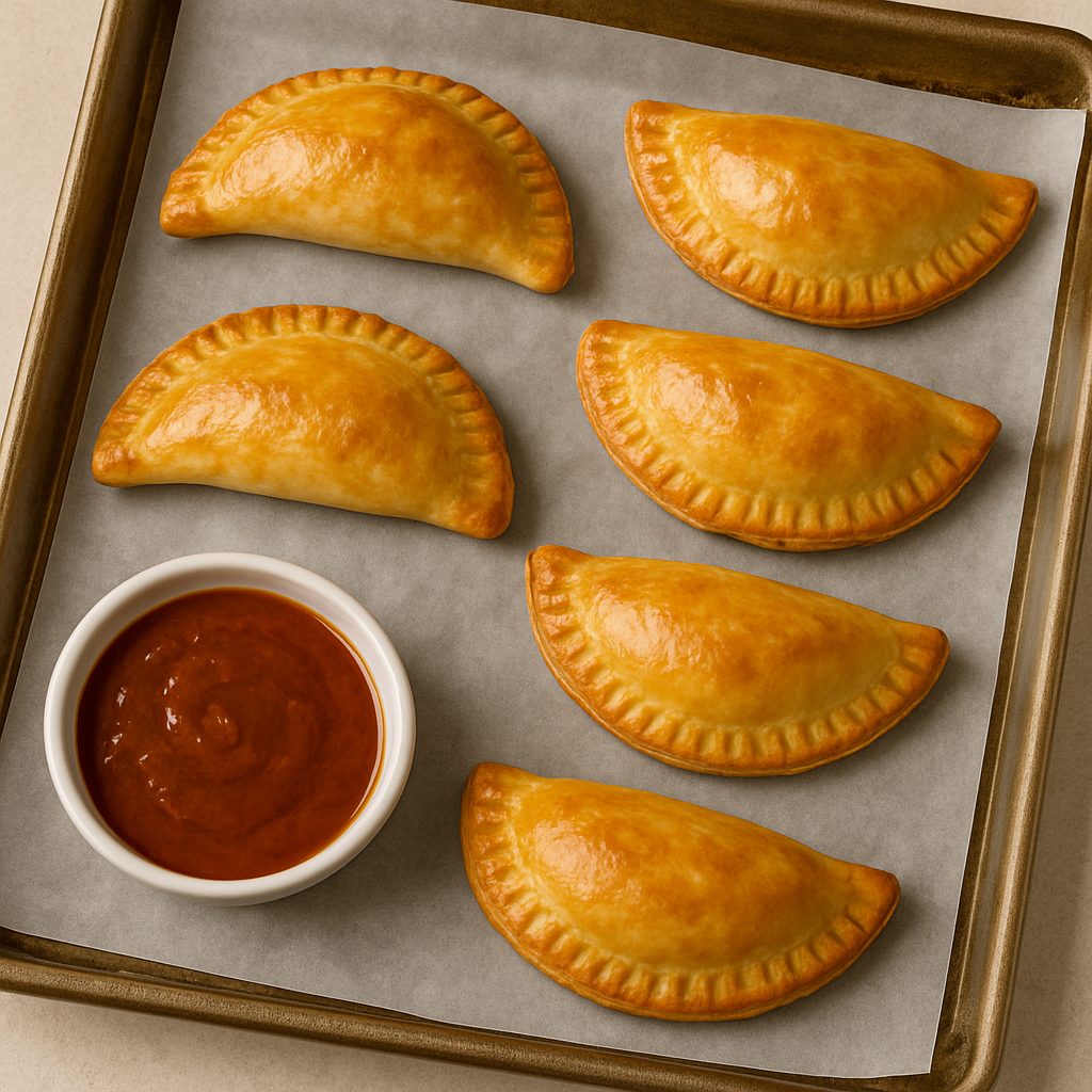 Empanadas doradas recién horneadas sobre una bandeja con papel pergamino, acompañadas de un pequeño cuenco con salsa roja.