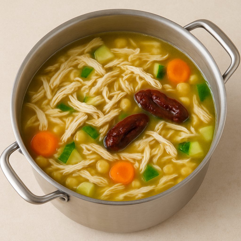  Olla con caldo y vegetales donde se ha incorporado pollo desmenuzado y chiles chipotles en adobo.