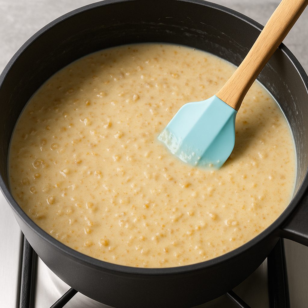 Mezcla cremosa de leche condensada, leche entera y galletas trituradas cocinándose en una olla, removida con una espátula de silicona.