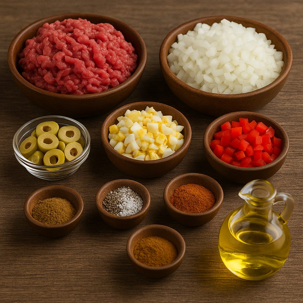 Ingredientes para el relleno de carne de empanadas: carne picada, cebolla, pimiento rojo, huevos duros, aceitunas verdes, especias y aceite, dispuestos sobre una mesa de cocina.