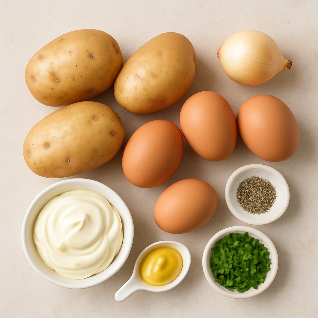 Ingredientes frescos para preparar una ensalada de papa y huevo, incluyendo papas, huevos, cebolla, mayonesa, mostaza, sal, pimienta y perejil picado.