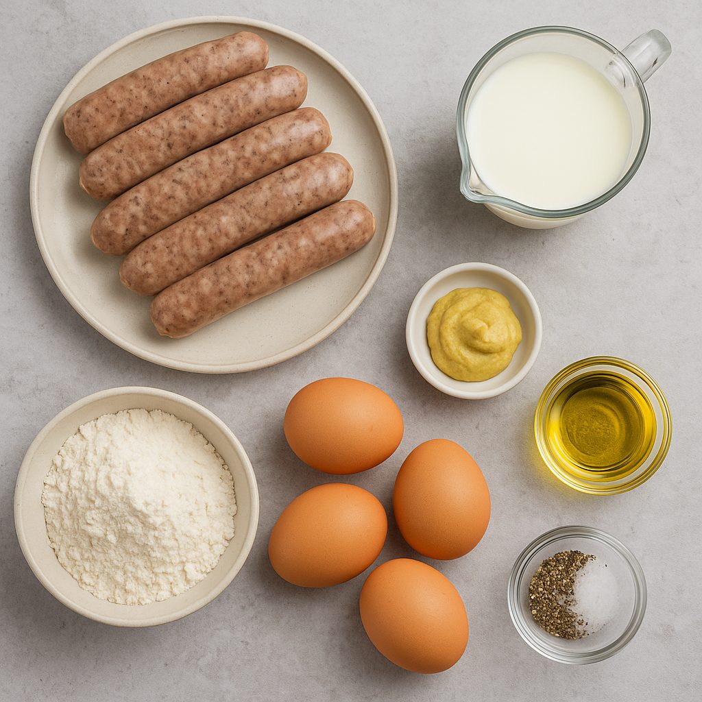  Ingredientes frescos dispuestos para preparar un tradicional Toad in the Hole, incluyendo salchichas, huevos, harina, leche, mostaza y condimentos.