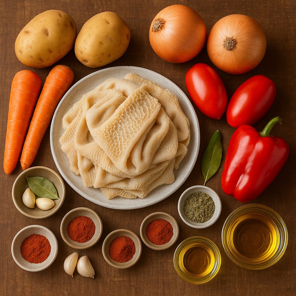 Ingredientes frescos para preparar mondongo argentino, incluyendo tripa de vaca cruda en un plato, papas, zanahorias, cebollas, tomates, pimiento rojo, dientes de ajo, hojas de laurel, especias variadas y recipientes con aceite de oliva y caldo, dispuestos sobre una superficie rústica.
