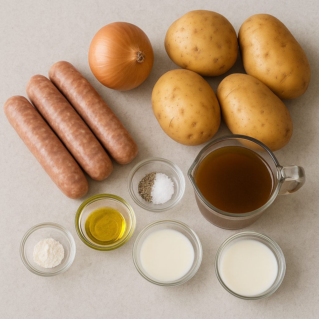 ingredientes para preparar Banger and Mash: salchichas de cerdo crudas, papas, cebolla, mantequilla, leche, caldo de carne, harina, aceite de oliva, sal y pimienta.