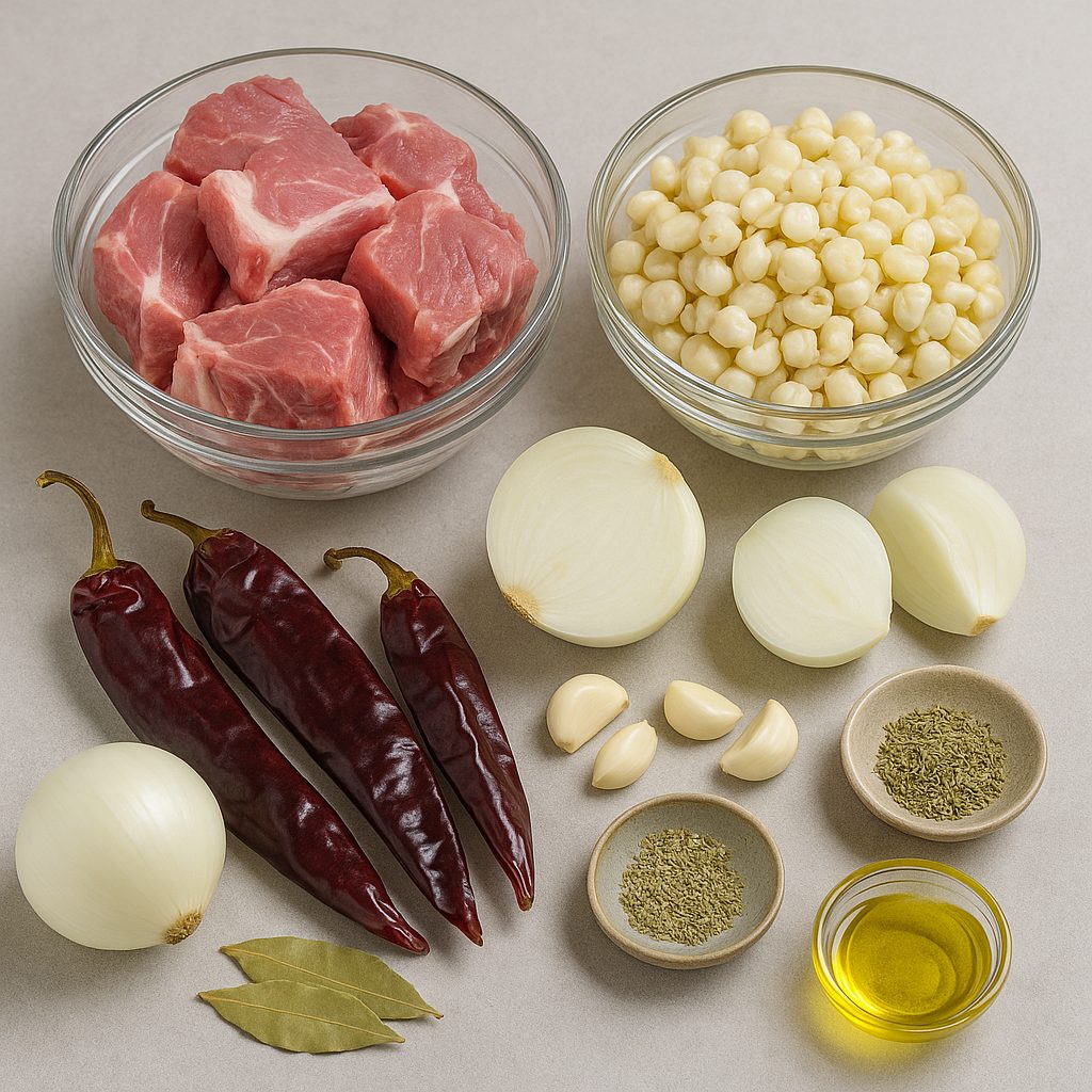 Ingredientes principales para pozole: carne de cerdo, maíz para pozole, chiles guajillo, cebolla, ajo, laurel, orégano, sal y aceite vegetal.