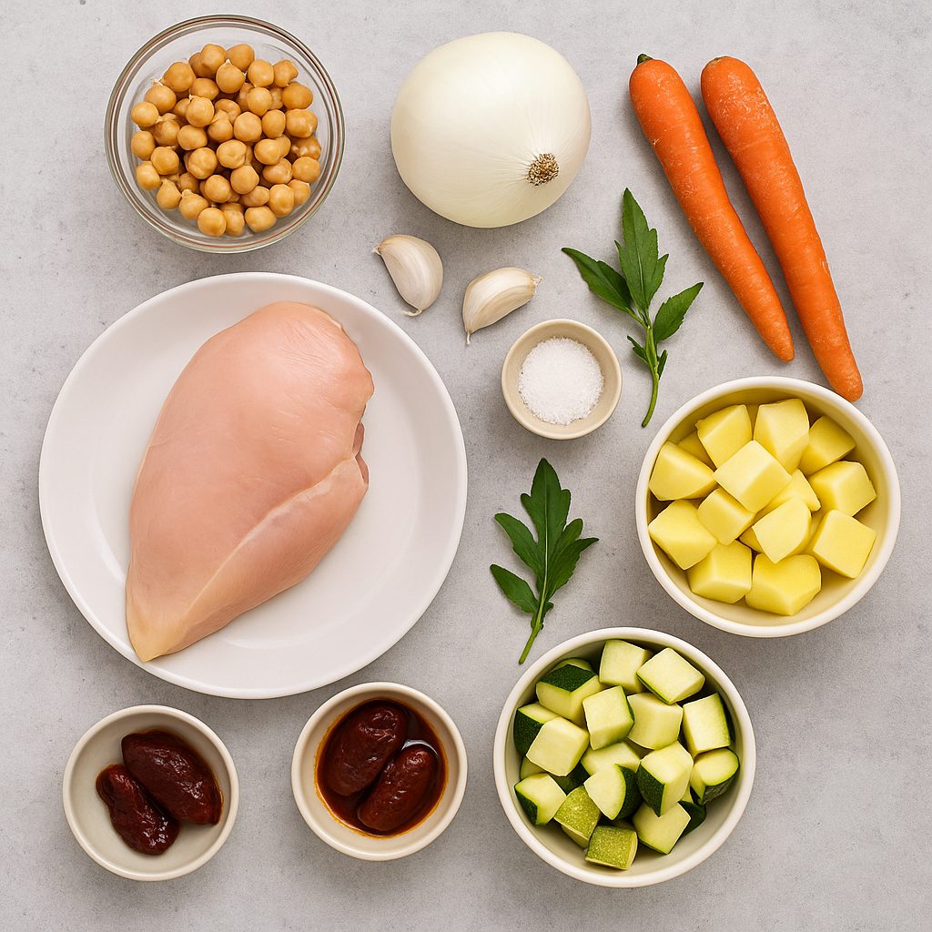 “Ingredientes frescos y naturales dispuestos sobre una superficie, incluyendo pechuga de pollo, ajo, cebolla, zanahorias, papas, calabacita y ramita de epazote.”