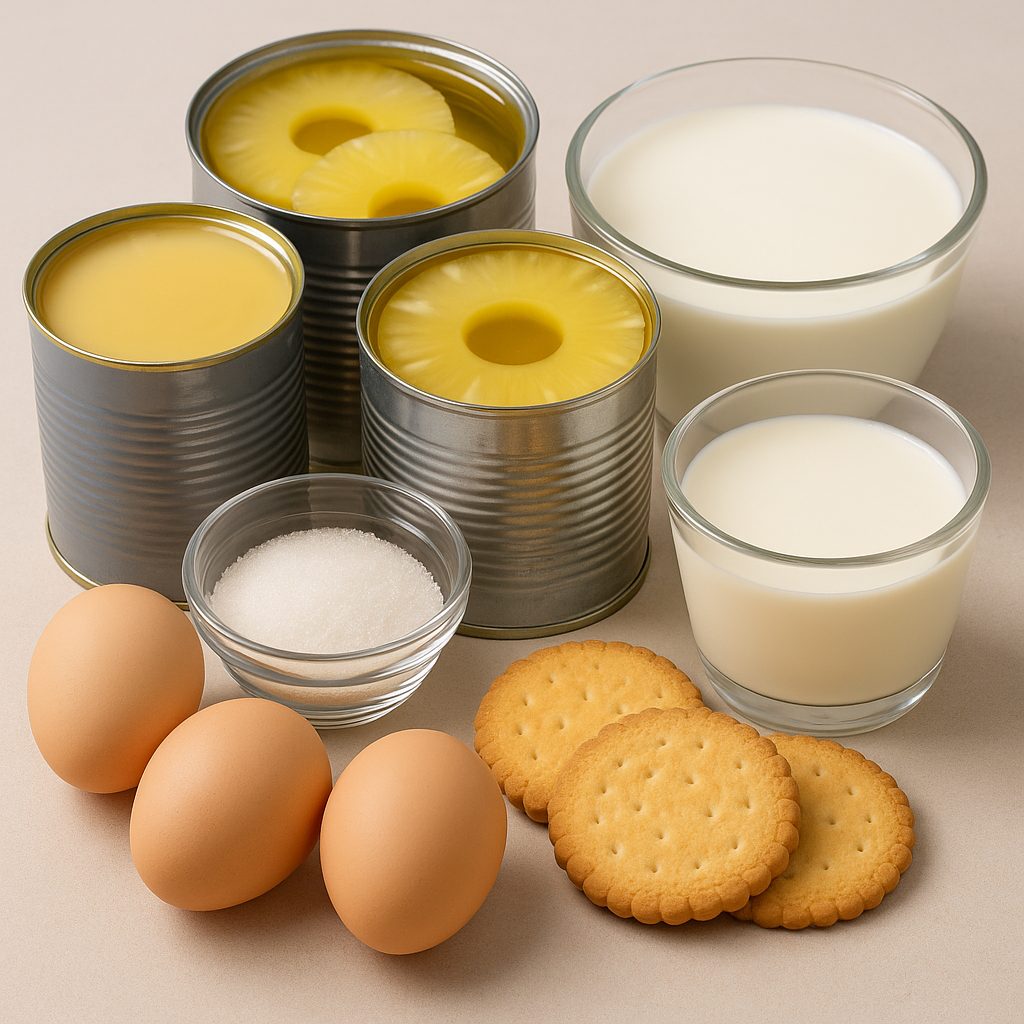Fotografía de los ingredientes principales: latas de piña en almíbar abiertas, leche condensada, azúcar en un recipiente de vidrio, huevos, galletas tipo María, leche entera y nata líquida, todos dispuestos sobre una superficie clara.