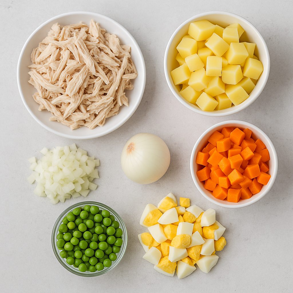 Ingredientes principales para ensalada de gallina venezolana: pollo desmenuzado, papas y zanahorias en cubos, cebolla picada, huevos duros troceados y guisantes verdes, dispuestos en recipientes sobre una superficie clara.