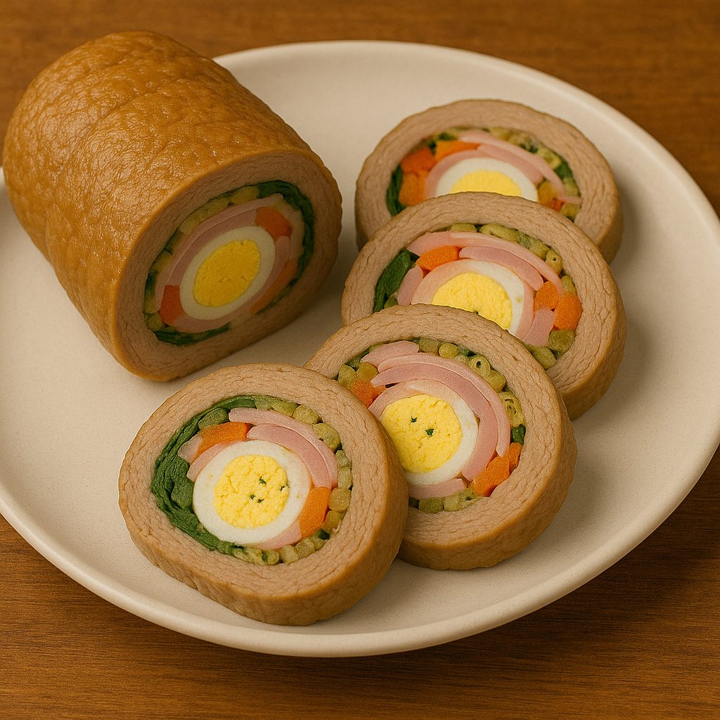 Imagen de un matambre cocido, enfriado y cortado en rodajas, servido en un plato blanco. Se aprecian claramente los ingredientes del relleno: huevo duro, espinaca, zanahoria, pimiento, jamón y aceitunas.