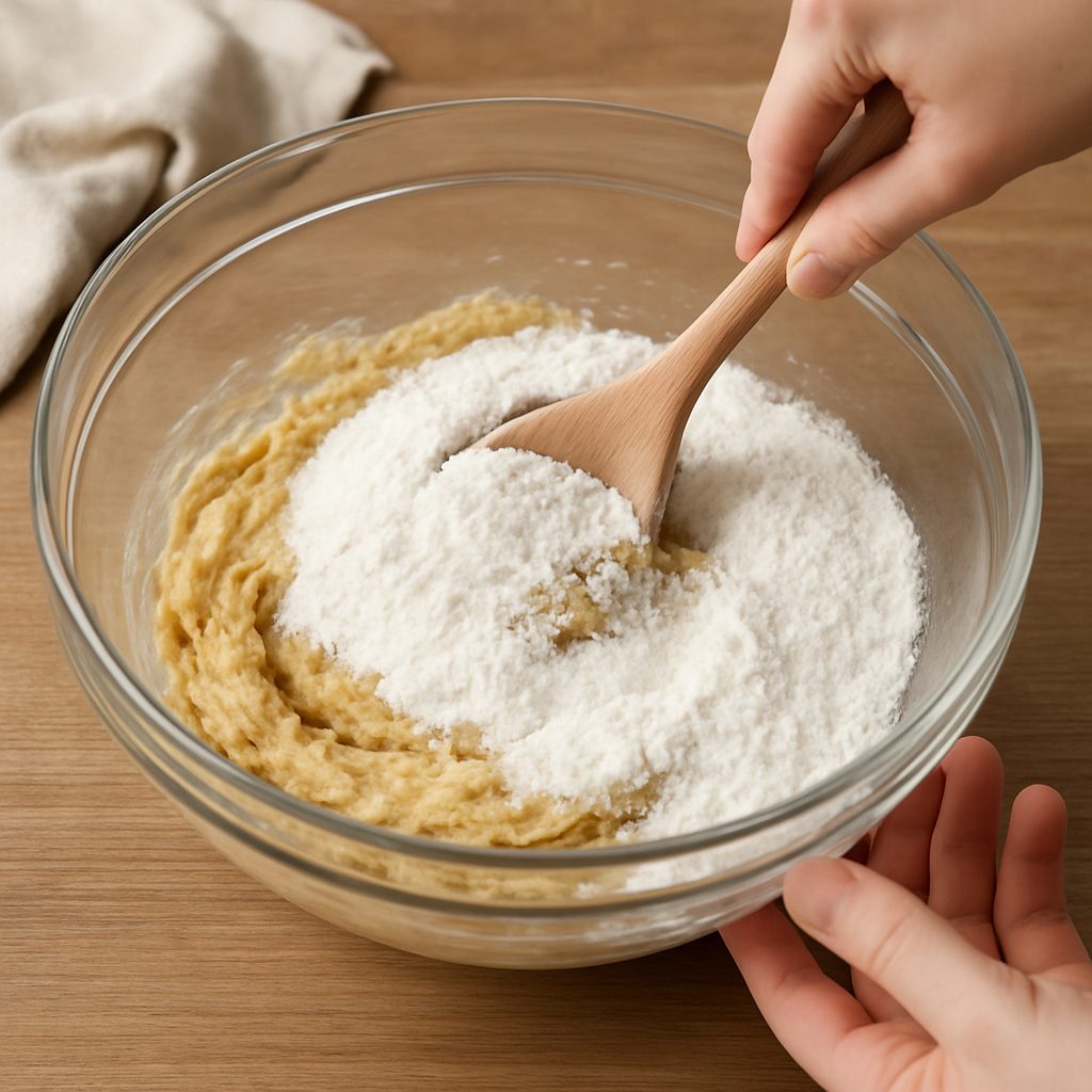 Mano mezclando harina, bicarbonato y sal en un bol de vidrio con una cuchara de madera sobre una mesa de madera.
