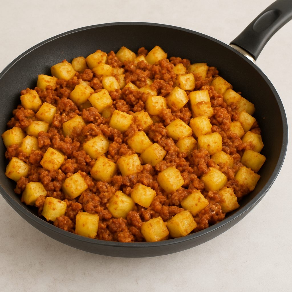 "Papas en cubos mezcladas con chorizo dorado en una sartén, formando un relleno uniforme y colorido."