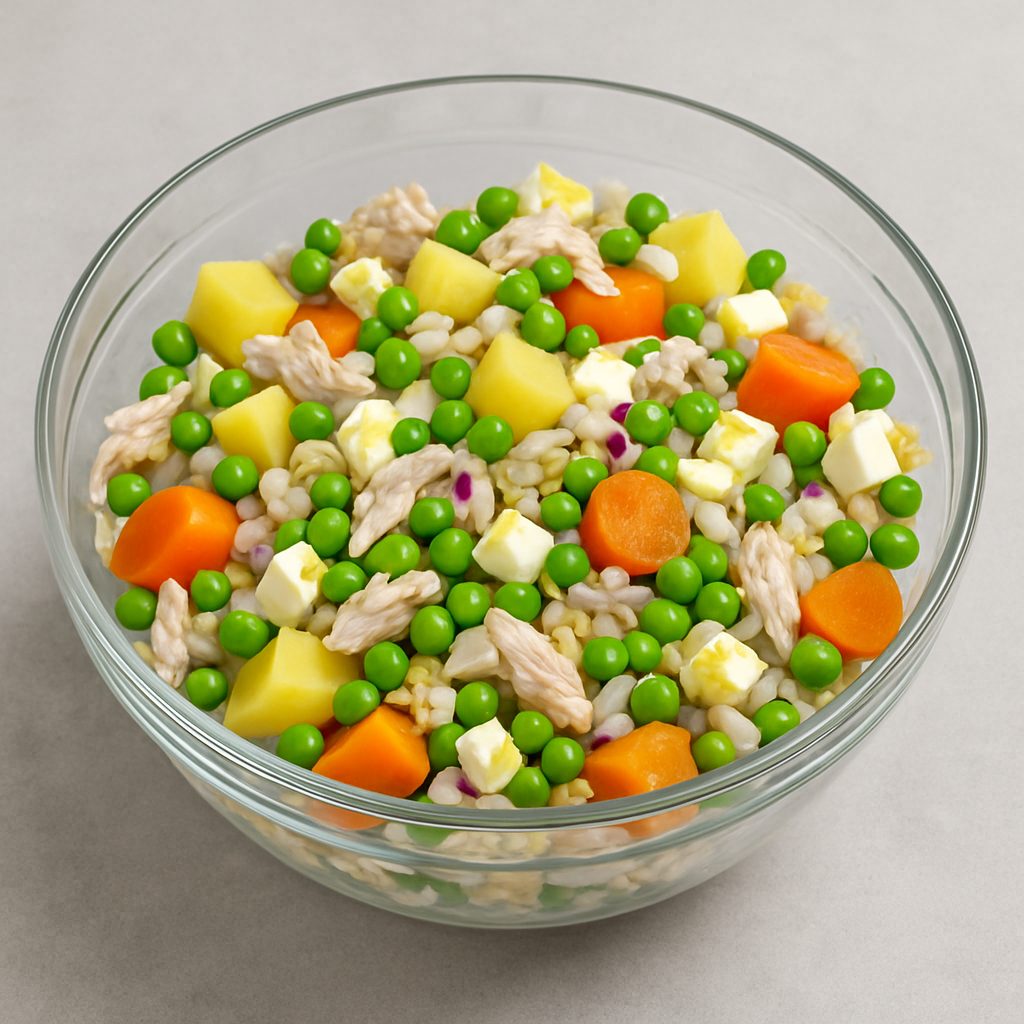 Bol con pollo desmenuzado, papas, zanahorias, cebolla picada, huevos y arvejas, todos los ingredientes combinados cuidadosamente.