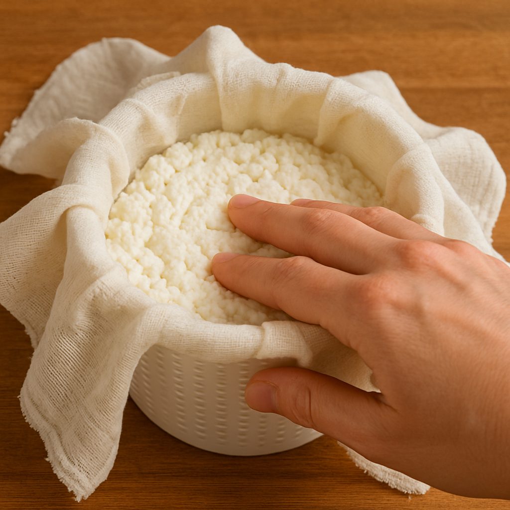 Colocar la cuajada en un molde forrado con paño de queso, presionando suavemente para darle forma y permitir que el suero se escurra.