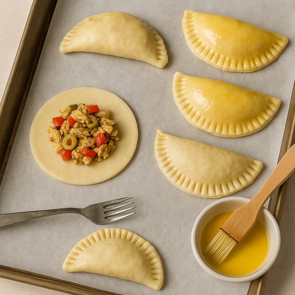 Empanadas de pollo siendo montadas sobre una bandeja con papel pergamino, con una empanada abierta con relleno visible, otras selladas con tenedor y pinceladas con huevo batido.
