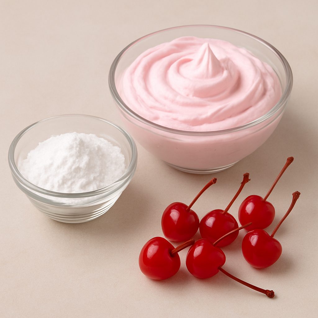 Fotografía de ingredientes opcionales para decorar postres: azúcar glas en un recipiente de vidrio, nata montada teñida de rosa en un bowl y varias cerezas rojas con tallo, dispuestas sobre una superficie clara.