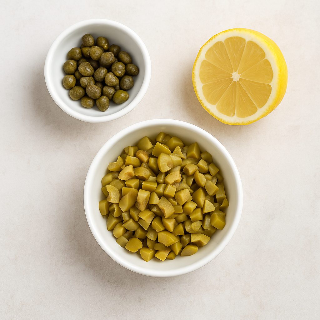 Ingredientes opcionales para realzar el sabor de la ensalada de gallina: alcaparras en un pequeño cuenco blanco, aceitunas verdes picadas en otro recipiente y medio limón fresco sobre una superficie clara.