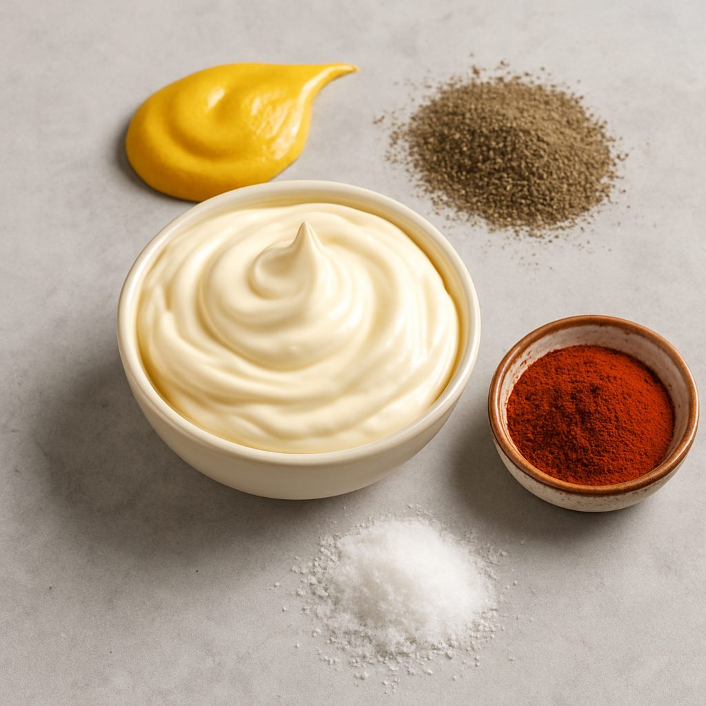Ingredientes para el aderezo: mayonesa, mostaza amarilla, pimienta negra molida, pimentón dulce y sal, listos para mezclar.