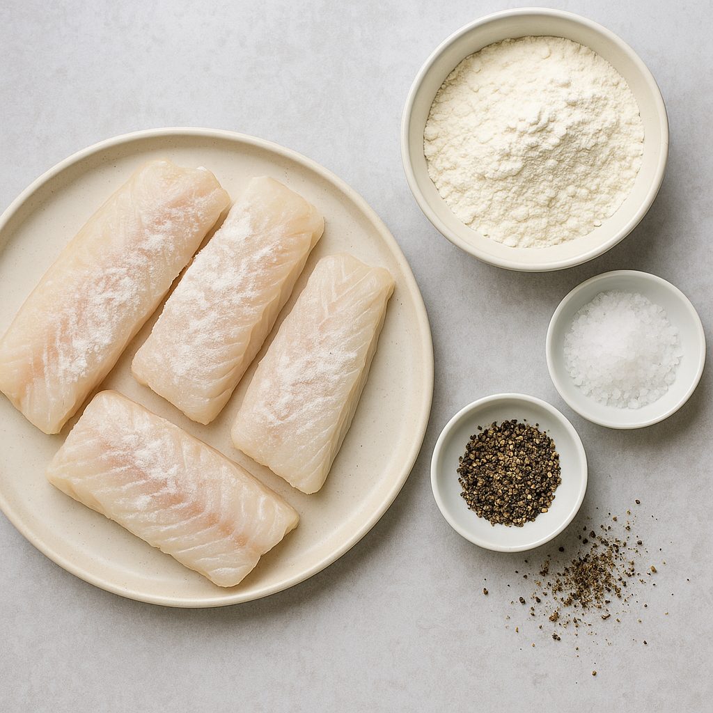 Fotografía de cuatro filetes de pescado blanco enharinados sobre un plato, acompañados de pequeños recipientes con sal, pimienta molida y harina.