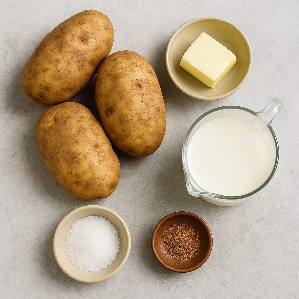 Ingredientes frescos para preparar puré de papas: papas russet, manteca, leche caliente, sal y una pizca de nuez moscada rallada.
