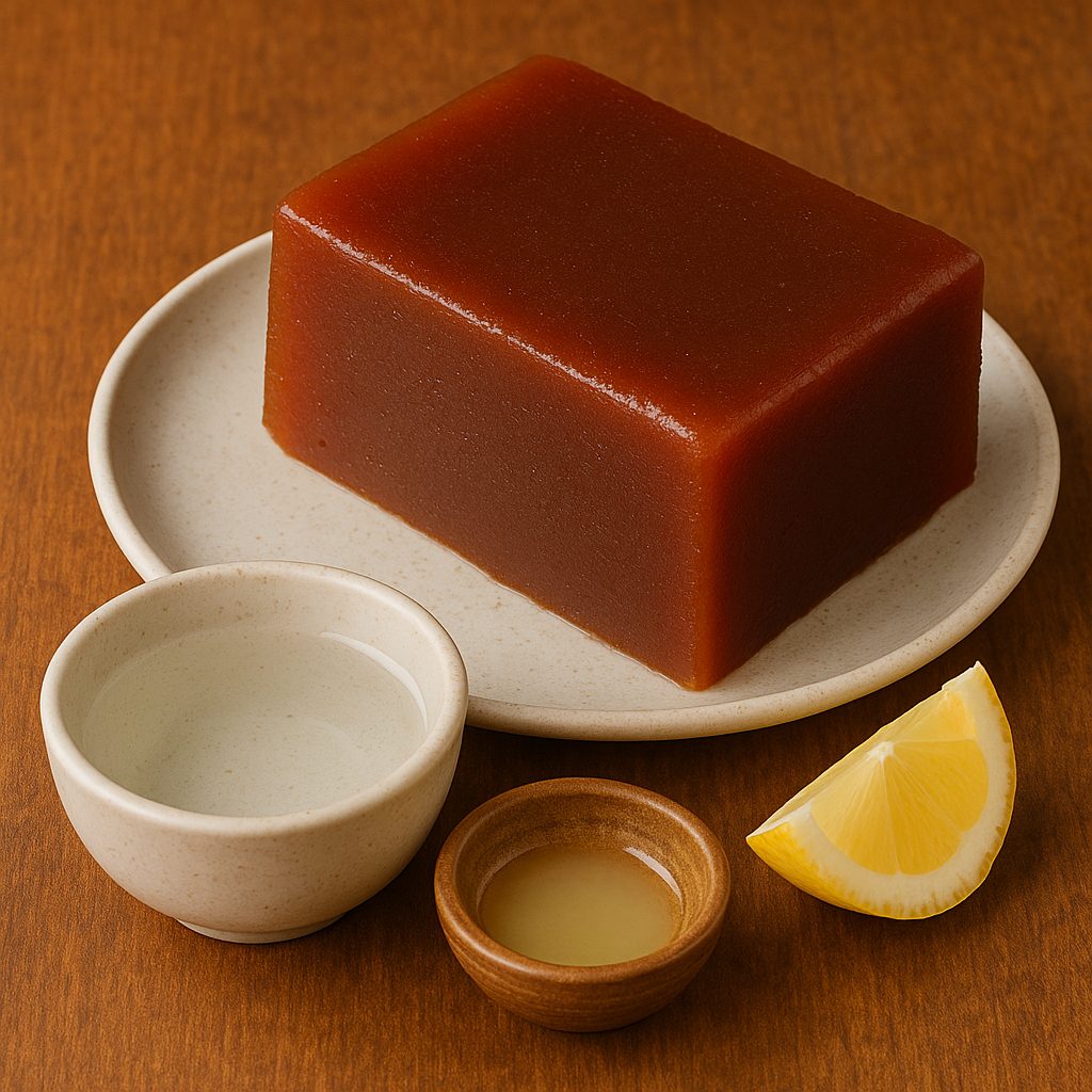 Ingredientes para el relleno de la Pasta Frola: bloque de dulce de membrillo, un pequeño cuenco con agua caliente, jugo de limón y una rodaja de limón, dispuestos sobre una superficie de madera.