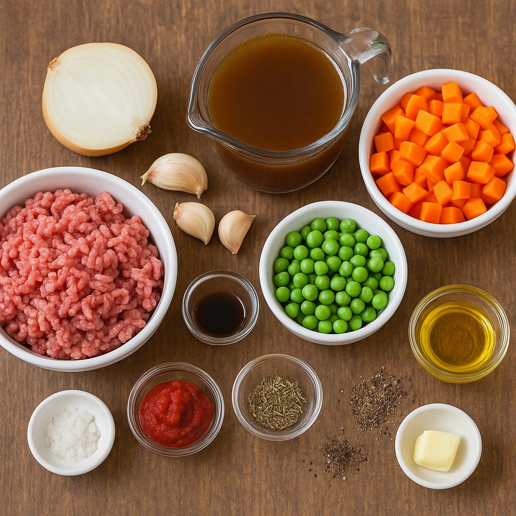 Ingredientes para el relleno de carne: carne de cordero molida, cebolla picada, zanahorias en cubos, ajo picado, guisantes, pasta de tomate, caldo de carne, salsa Worcestershire, tomillo, sal, pimienta y aceite de oliva o manteca.