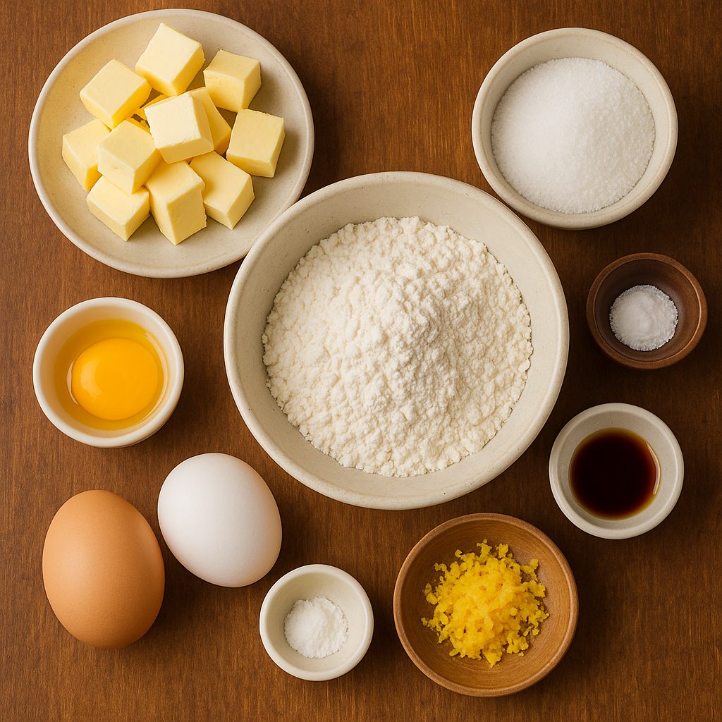 Ingredientes para la masa de la Pasta Frola: harina, azúcar, manteca en cubos, huevos, yema, esencia de vainilla, polvo de hornear y ralladura de limón, dispuestos sobre una superficie de madera.