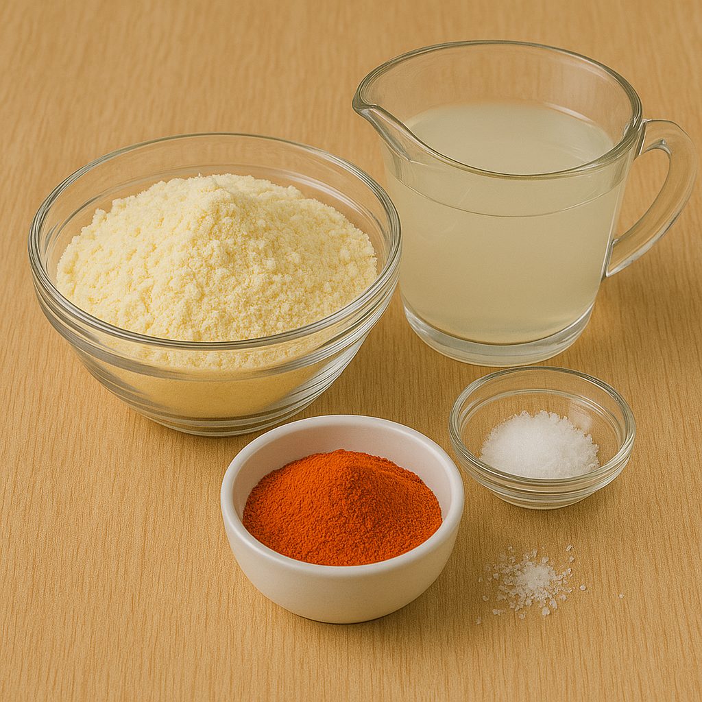  Ingredientes para la masa de las hallacas: harina de maíz precocida, caldo con colorante vegetal o onoto, manteca de cerdo y sal
