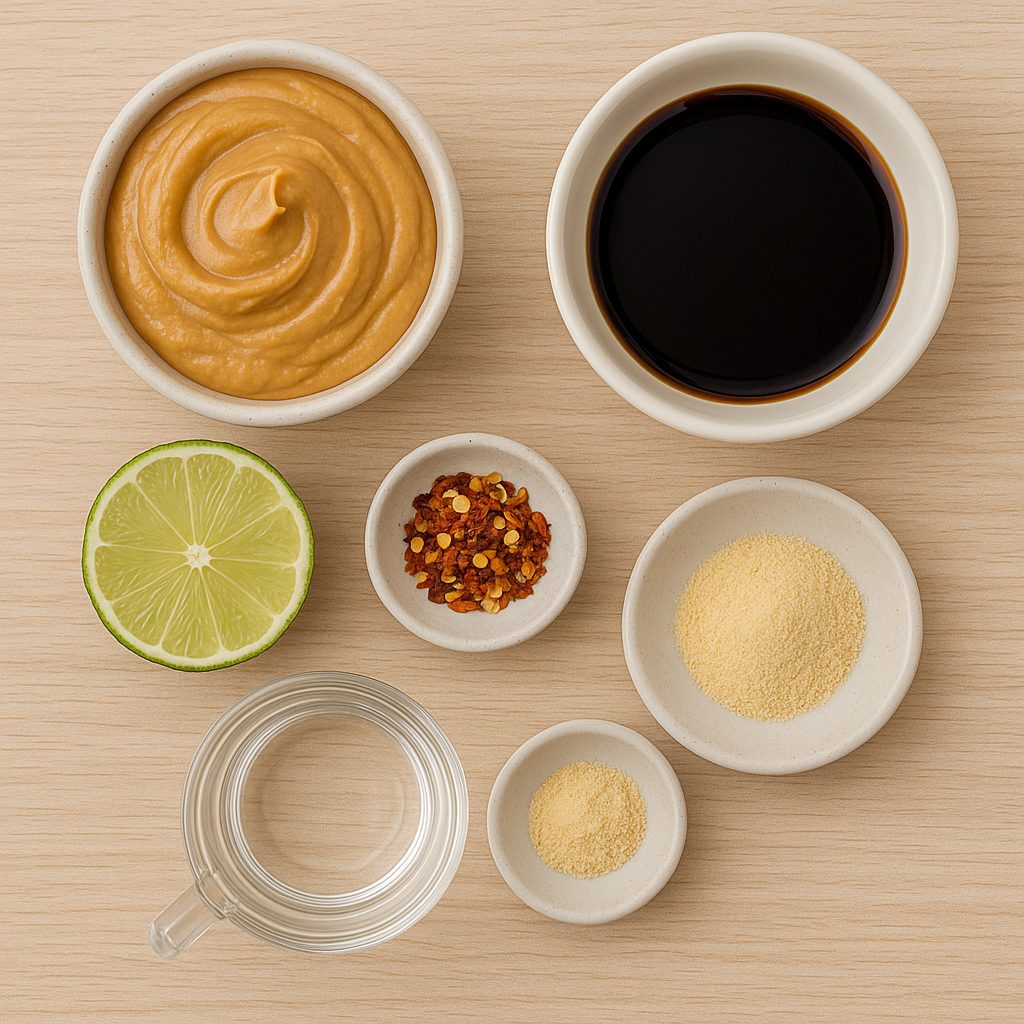Ingredientes para la salsa de cacahuetes: mantequilla de cacahuete, salsa de soja, miel, jugo de lima y jengibre en polvo en recipientes sobre una mesa.