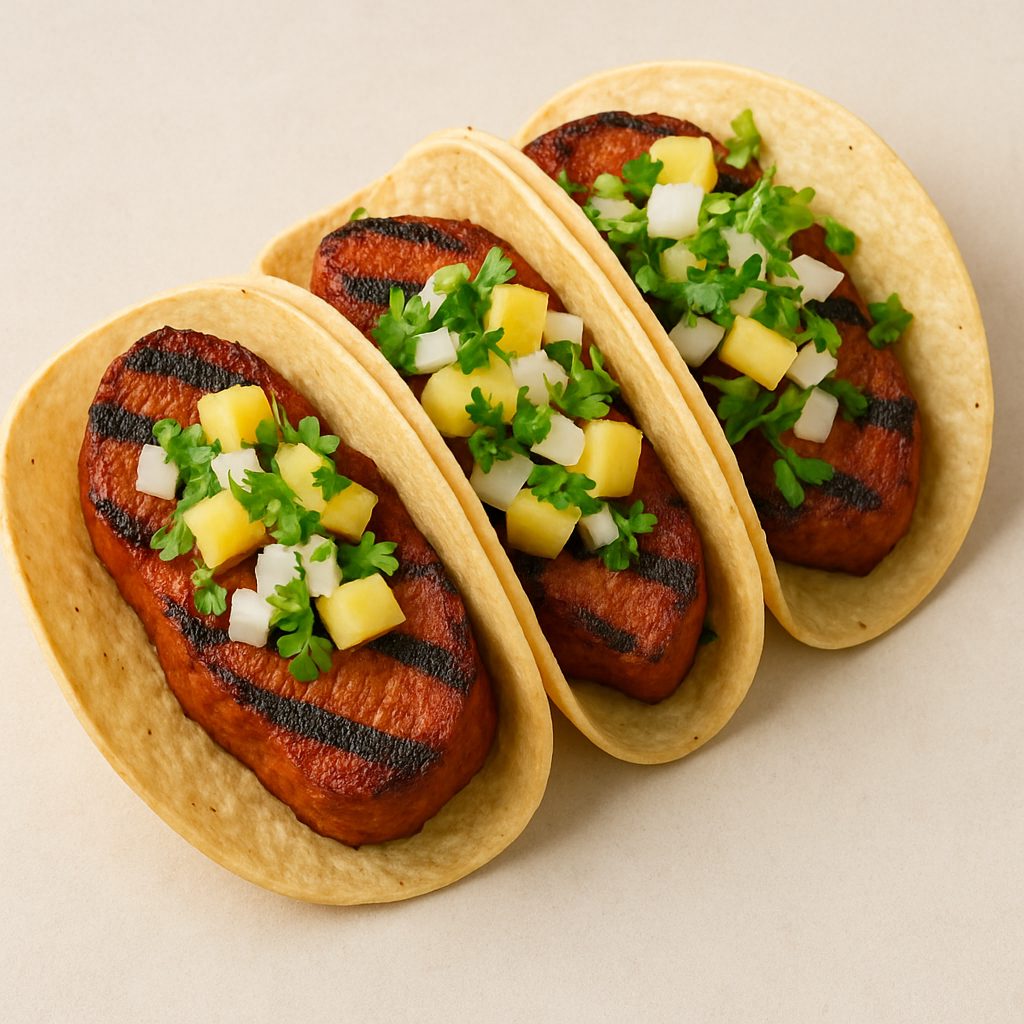 Tortillas rellenas con carne de cerdo, piña, cebolla y cilantro, listas para formar tacos al pastor.