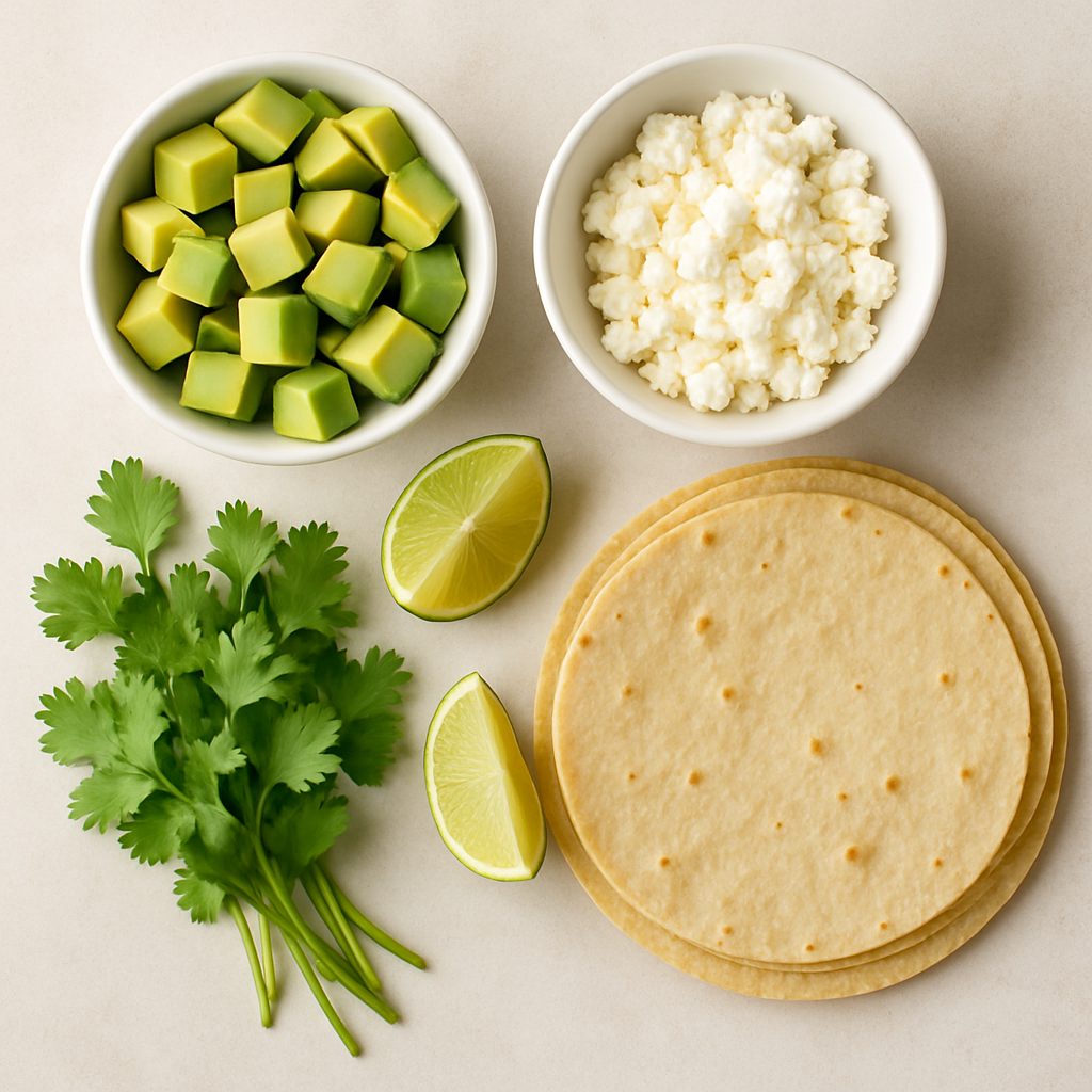 Ingredientes frescos para servir: cubos de aguacate, queso fresco desmoronado, hojas de cilantro, cuartos de limón y tortillas de maíz calientes.