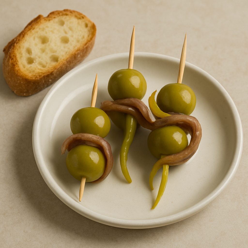 Gildas servidas en un plato pequeño acompañadas de una rebanada de pan, listas para disfrutar como aperitivo frío.