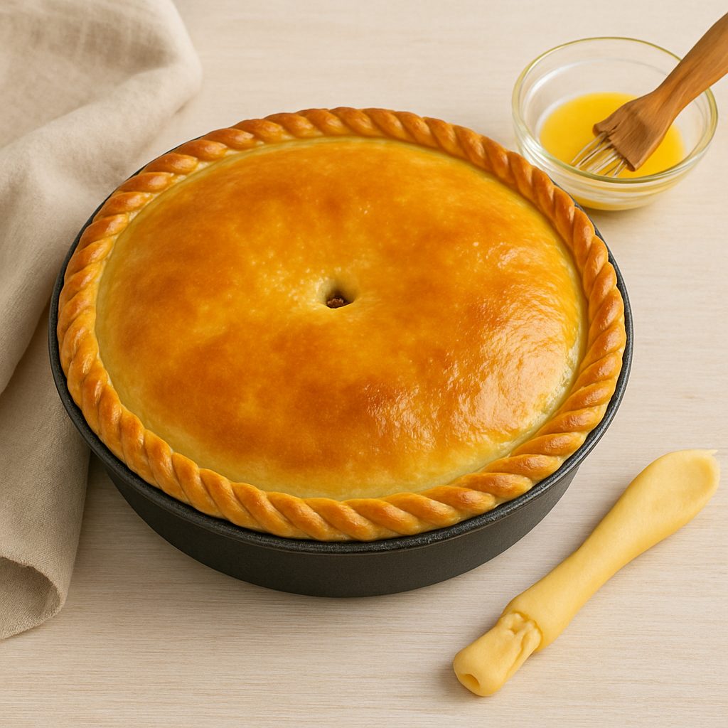 Torta pascualina recién horneada en un molde, con superficie dorada y brillante, borde trenzado y un pequeño orificio central, junto a un bol con huevo batido y pincel de cocina.