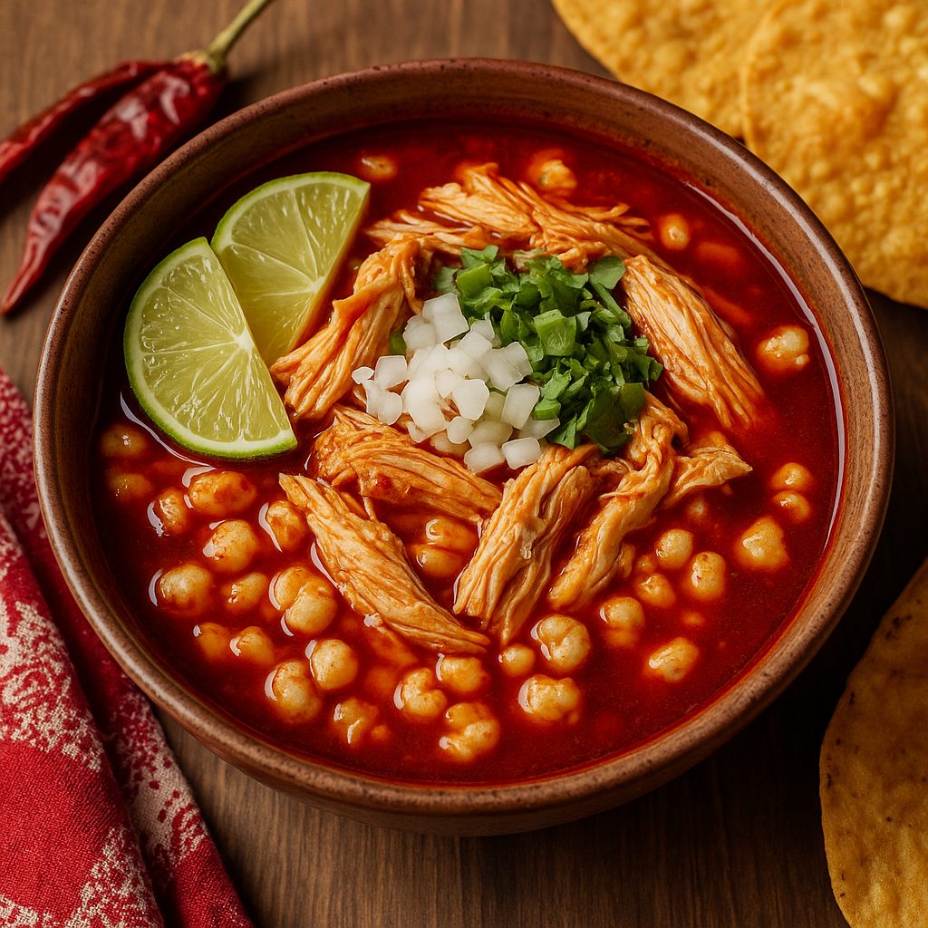 Pozole Rojo Mexicano servido en un tazón de barro, con maíz hominy, carne deshebrada de cerdo, caldo rojo espeso y guarniciones de cebolla picada, rábanos, lechuga y rodajas de lima.









Preguntar a ChatGPT
