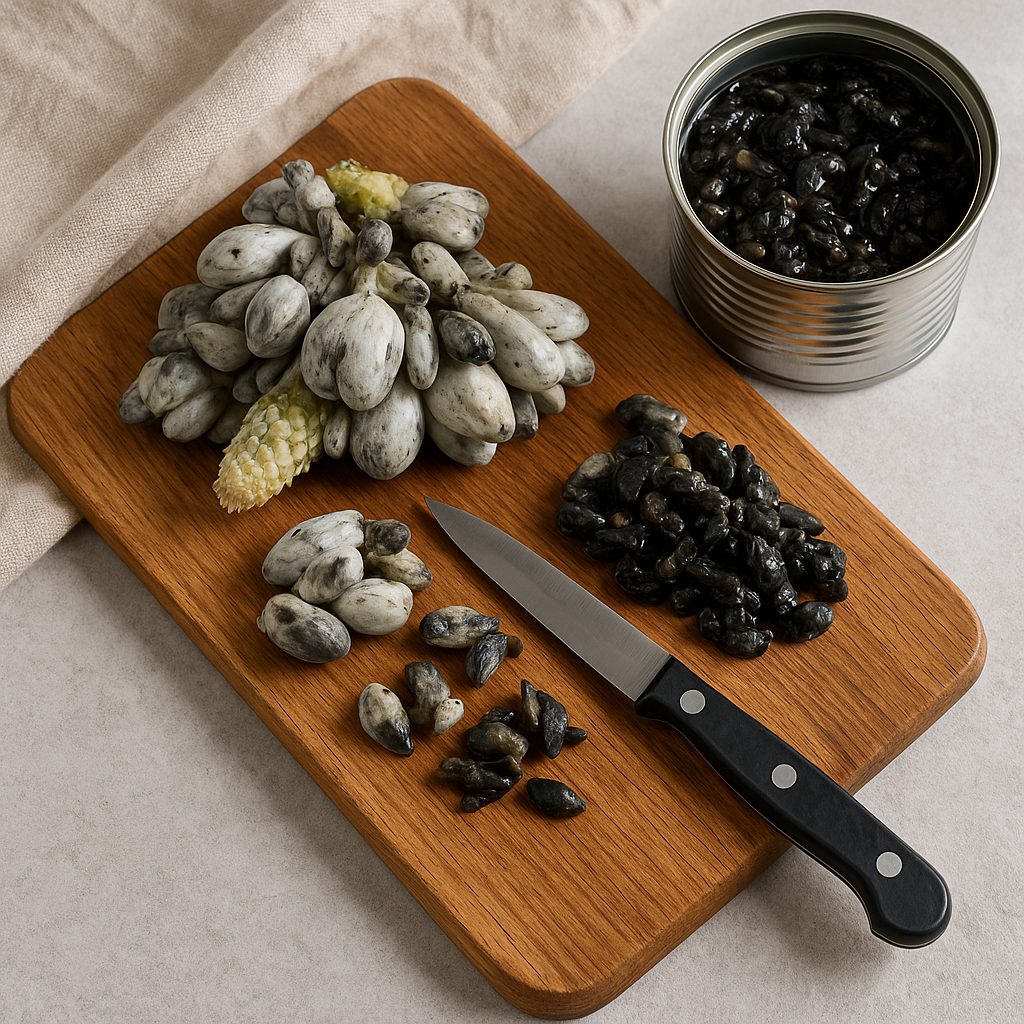 Huitlacoche fresco y enlatado sobre una tabla de madera, acompañado de un cuchillo, listo para ser limpiado y preparado.