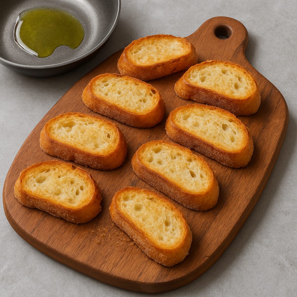 Rebanadas de pan rústico ligeramente tostadas sobre una tabla de madera, junto a una sartén con aceite de oliva.