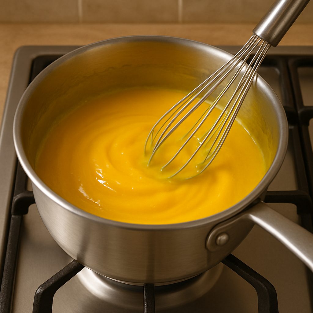 Cazo con crema de yema espesa siendo removida con un batidor sobre una hornalla encendida.