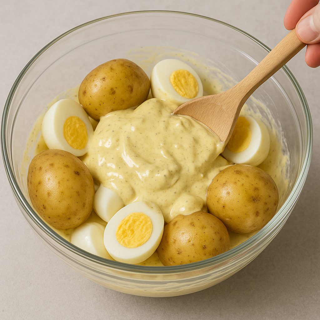 Mezcla de mayonesa y mostaza sobre papas y huevos cocidos en un bol, lista para ser integrada con una cuchara de madera.